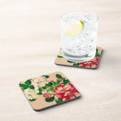  Japanse Camellias. Diep roze op beige Bier Onderzetter (Rechterzijde)