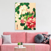  Japanse Camellias. Diep roze op beige Canvas Afdruk (Insitu (Woonkamer))