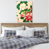  Japanse Camellias. Diep roze op beige Canvas Afdruk (Insitu (Slaapkamer))