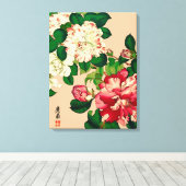  Japanse Camellias. Diep roze op beige Canvas Afdruk (Insitu (Houten vloer))