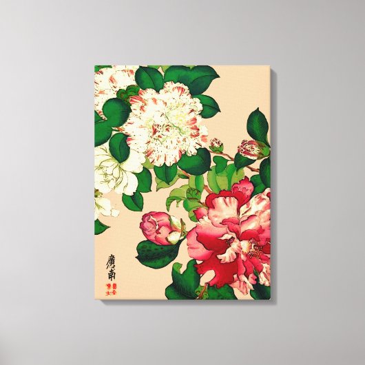  Japanse Camellias. Diep roze op beige Canvas Afdruk (Voorkant)
