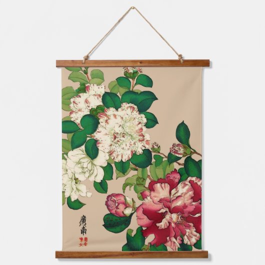  Japanse Camellias. Diep roze op beige Hangend Wandkleed (Voorkant)