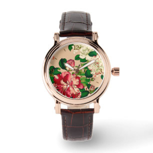 Japanse Camellias. Diep roze op beige Horloge