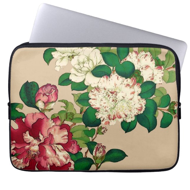  Japanse Camellias. Diep roze op beige Laptop Sleeve (Voorkant)