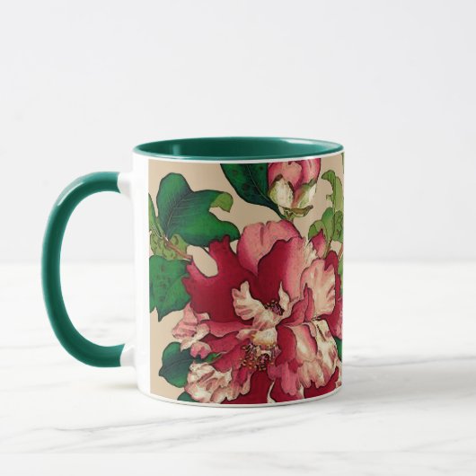  Japanse Camellias. Diep roze op beige Mok (Links)