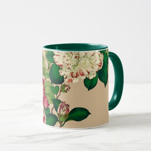  Japanse Camellias. Diep roze op beige Mok (Voorkant rechts)