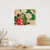  Japanse Camellias. Diep roze op beige Poster (Keuken)