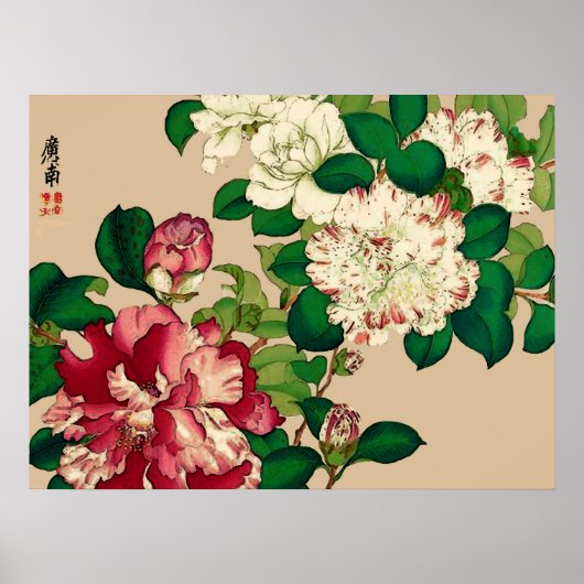  Japanse Camellias. Diep roze op beige Poster (Voorkant)