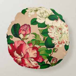  Japanse Camellias. Diep roze op beige Rond Kussen