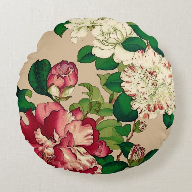  Japanse Camellias. Diep roze op beige Rond Kussen (Voorkant)