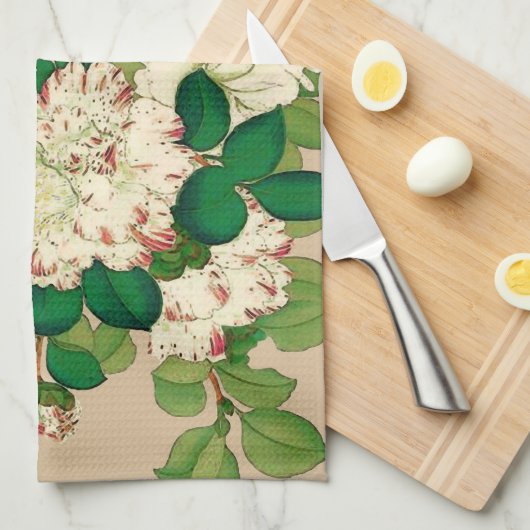  Japanse Camellias. Diep roze op beige Theedoek (Quarter Fold)