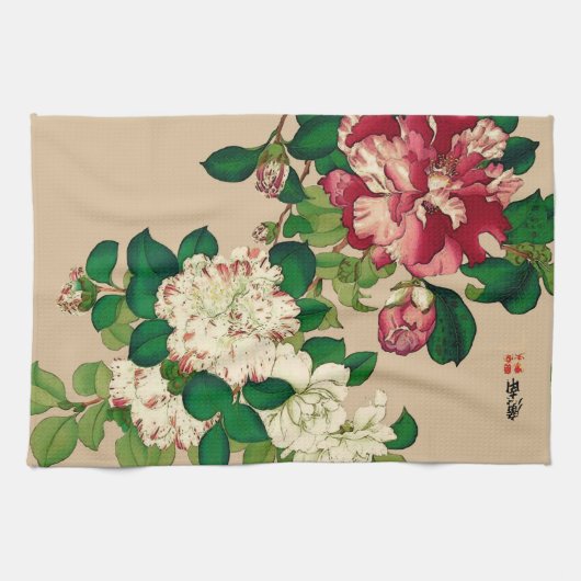  Japanse Camellias. Diep roze op beige Theedoek (Horizontaal)
