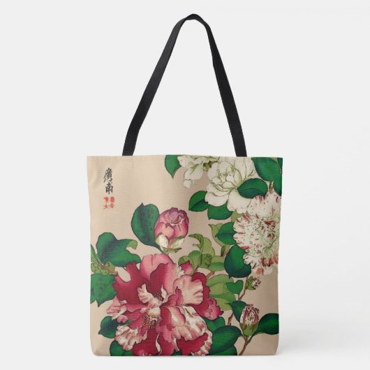  Japanse Camellias. Diep roze op beige Tote Bag (Voorkant)