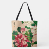  Japanse Camellias. Diep roze op beige Tote Bag (Achterkant)