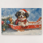 Japanse Chin Dog in Sledge Laat het Sneeuw Kerstmi Legpuzzel (Horizontaal)