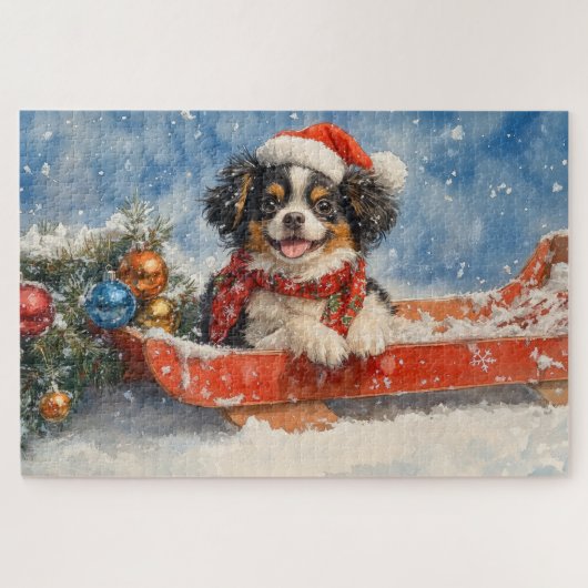 Japanse Chin Dog in Sledge Laat het Sneeuw Kerstmi Legpuzzel (Horizontaal)