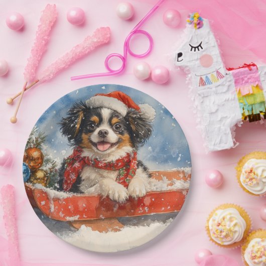 Japanse Chin Dog in Sledge Laat het Sneeuw Kerstmi Papieren Bordje (Feest)
