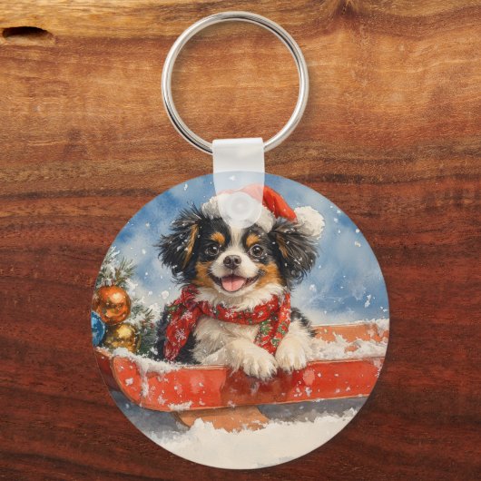 Japanse Chin Dog in Sledge Laat het Sneeuw Kerstmi Sleutelhanger (Achterkant)