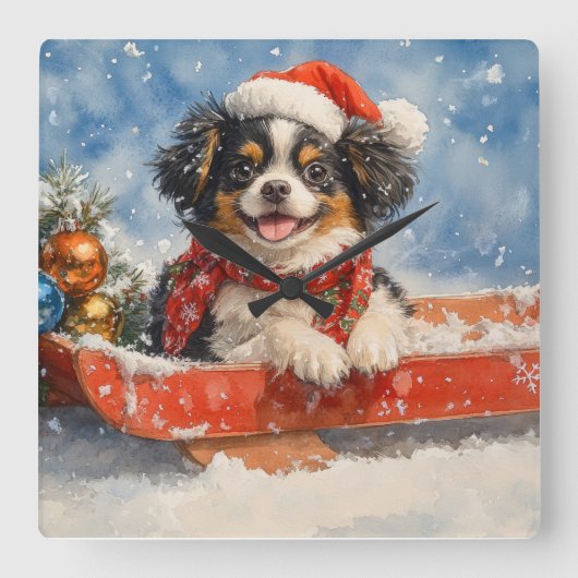 Japanse Chin Dog in Sledge Laat het Sneeuw Kerstmi Vierkante Klok (Voorkant)
