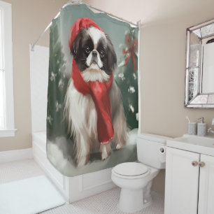 Japanse Chin-hond in sneeuw Kerstmis Douchegordijn