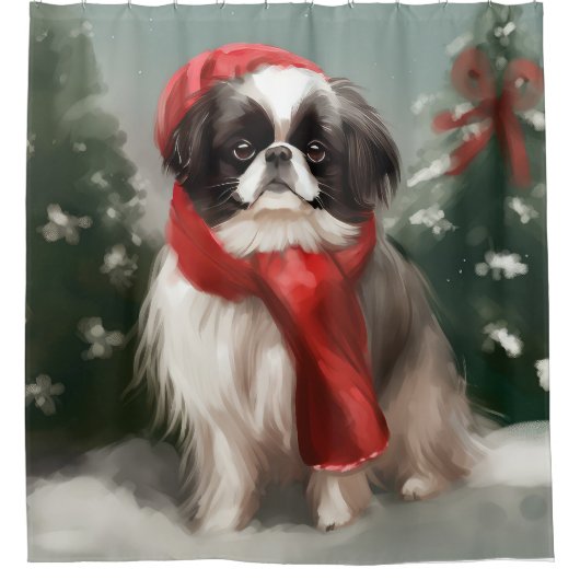 Japanse Chin Hond in Sneeuw Kerstmis Douchegordijn (Voorkant)