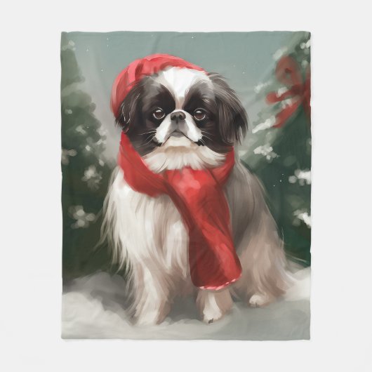 Japanse Chin Hond in Sneeuw Kerstmis Fleece Deken (Voorkant)