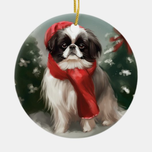 Japanse Chin Hond in Sneeuw Kerstmis Keramisch Ornament (Voorkant)