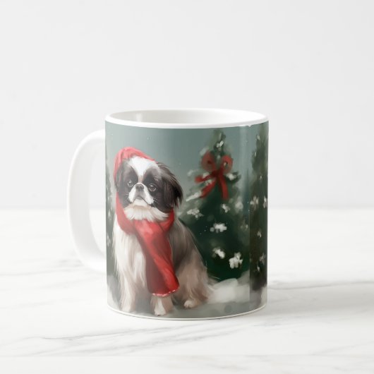 Japanse Chin Hond in Sneeuw Kerstmis Koffiemok (Voorkant links)