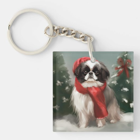 Japanse Chin Hond in Sneeuw Kerstmis Sleutelhanger (Voorkant)