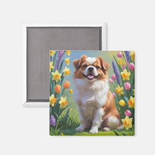 Japanse Chin Hond Lente Bloemen Schilderij Magneet