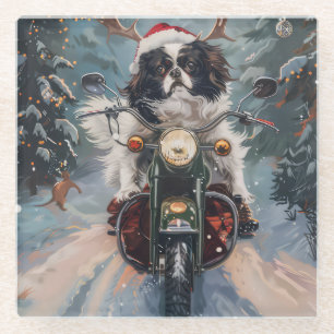 Japanse Chin Hond Rijden Motorfiets Kerstmis Glazen Onderzetter