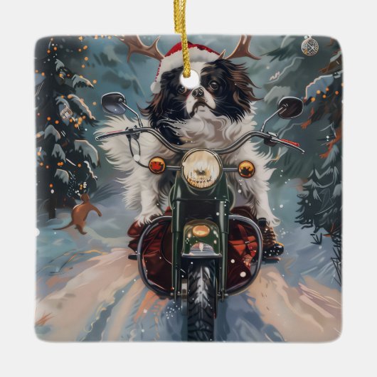 Japanse Chin Hond Rijden Motorfiets Kerstmis Keramisch Ornament (Voorkant)