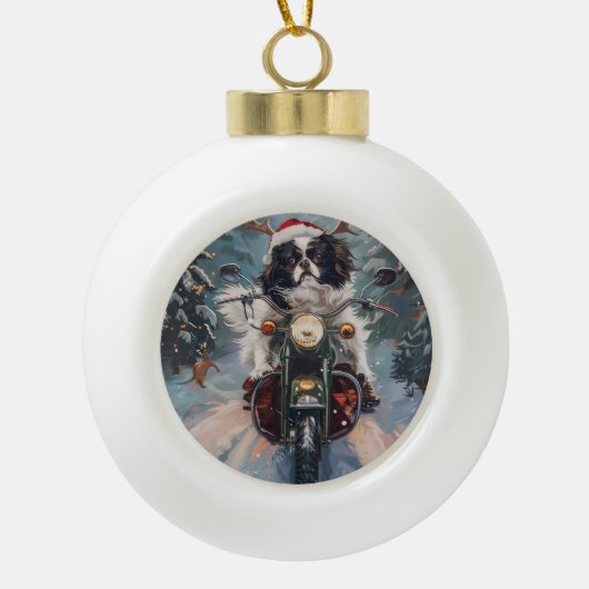 Japanse Chin Hond Rijden Motorfiets Kerstmis Keramische Bal Ornament (Voorkant)