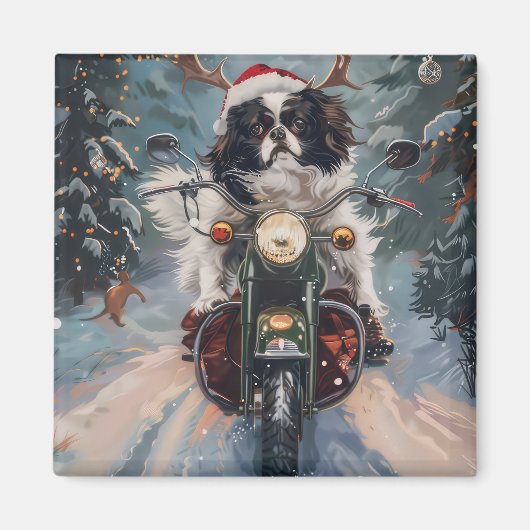 Japanse Chin Hond Rijden Motorfiets Kerstmis Magneet (Voorkant)
