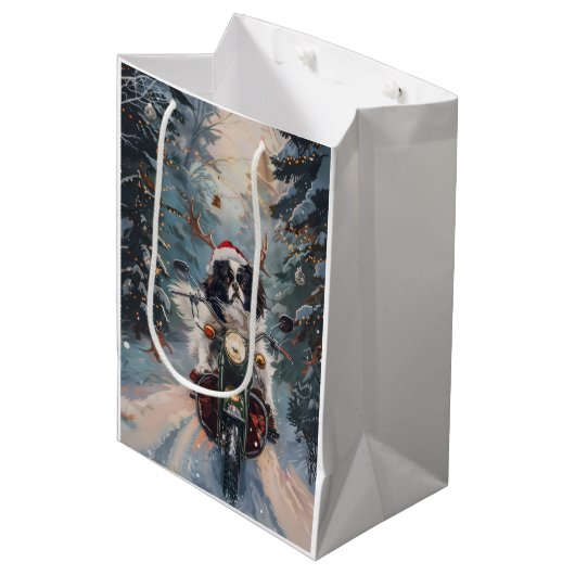 Japanse Chin Hond Rijden Motorfiets Kerstmis Medium Cadeauzakje (Voorkant Gekanteld)