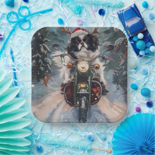 Japanse Chin Hond Rijden Motorfiets Kerstmis Papieren Bordje (Feest)