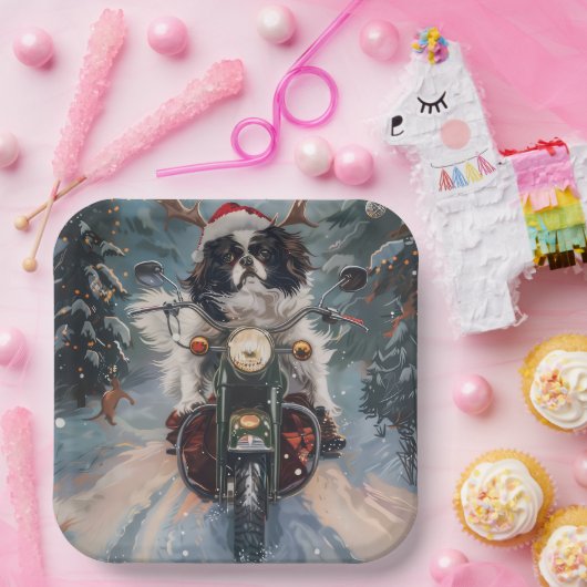 Japanse Chin Hond Rijden Motorfiets Kerstmis Papieren Bordje (Feest)