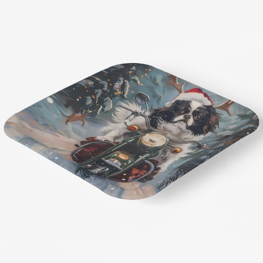 Japanse Chin Hond Rijden Motorfiets Kerstmis Papieren Bordje (Gebogen)