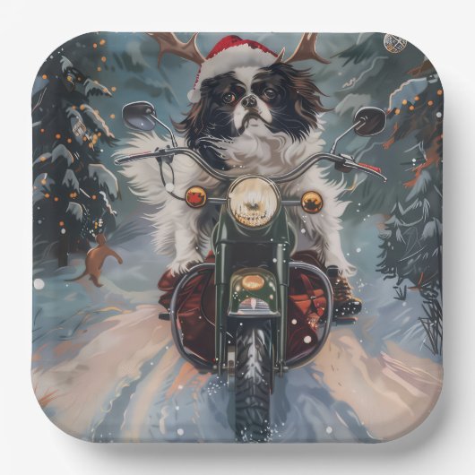 Japanse Chin Hond Rijden Motorfiets Kerstmis Papieren Bordje (Voorkant)