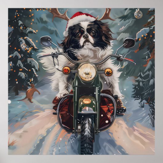 Japanse Chin Hond Rijden Motorfiets Kerstmis Poster (Voorkant)