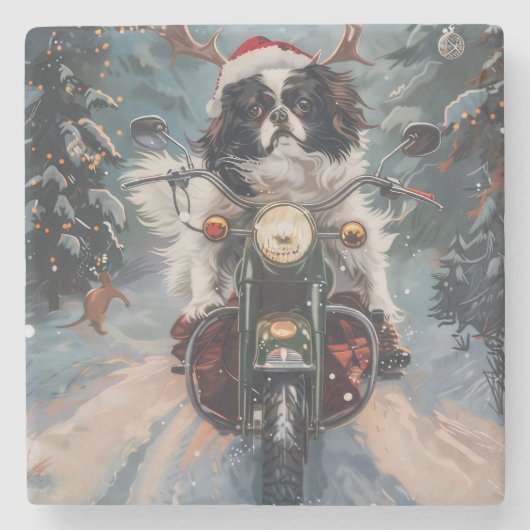 Japanse Chin Hond Rijden Motorfiets Kerstmis Stenen Onderzetter (Voorkant)