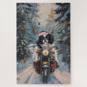 Japanse Chin Hond rijdt op een motorfiets met Kers Legpuzzel