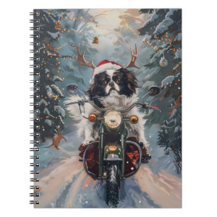 Japanse Chin Hond rijdt op Motorfiets met Kerst Notitieboek