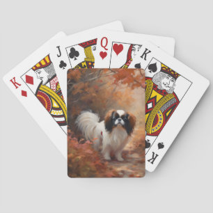Japanse Chin in herfstbladeren val inspireert Pokerkaarten