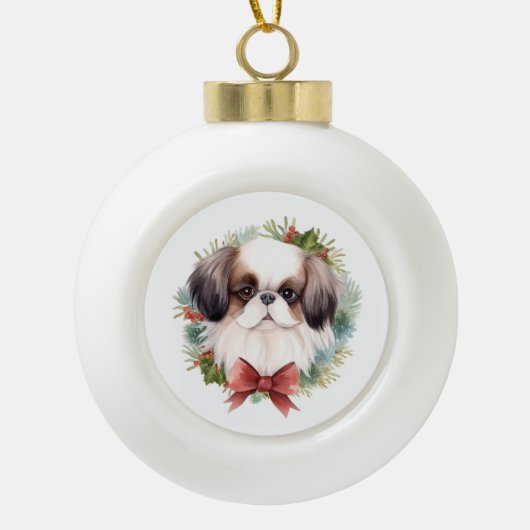 Japanse Chin Kerstkrans Festieve Pup Keramische Bal Ornament (Voorkant)