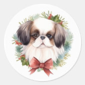 Japanse Chin Kerstkrans Festieve Pup Ronde Sticker (Voorkant)
