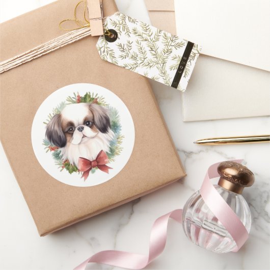 Japanse Chin Kerstkrans Festieve Pup Ronde Sticker (Geschenken)