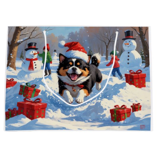 Japanse Chin loopt in de sneeuw met kerst Pet Groot Cadeauzakje (Voorkant)