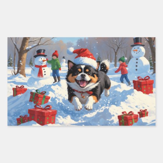 Japanse Chin loopt in de sneeuw met kerst Pet Rechthoekige Sticker (Voorkant)