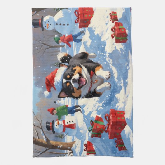 Japanse Chin loopt in de sneeuw met kerst Pet Theedoek (Verticaal)